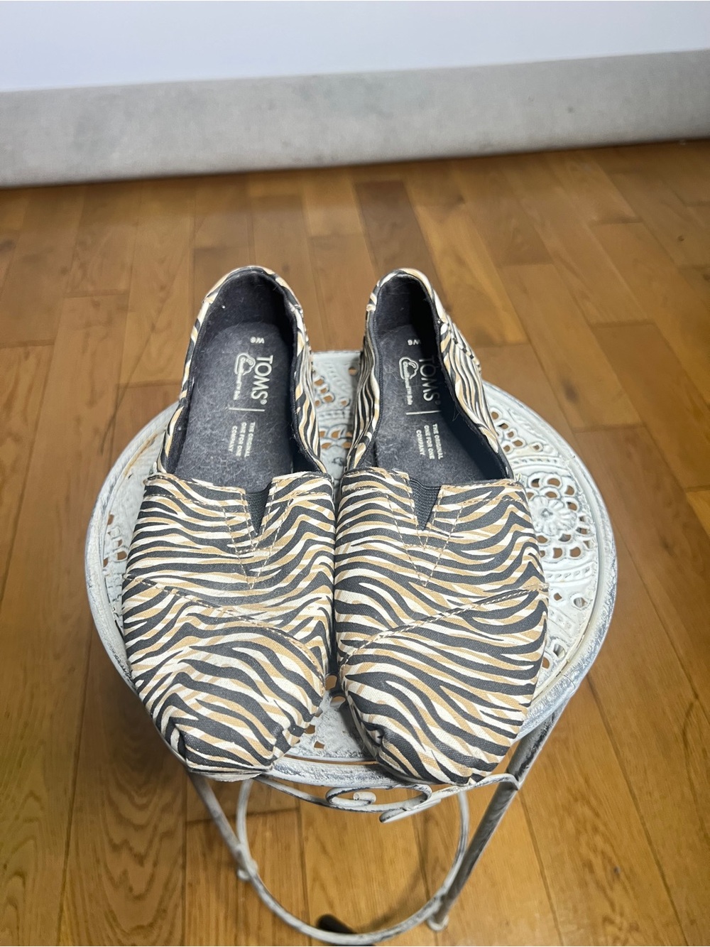 Toms Zebra-Pattern Slip-On Espadrilles in Black and Tan